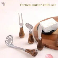 4入組奶酪刀組,包括奶酪切片器,奶酪切割器,奶酪服務器,由不銹鋼和防滑木柄製成,適用於奶油,蛋糕,麵包和馬鈴薯 - 棕色 - 查看 2