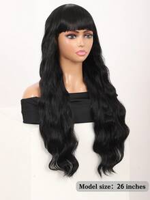 卷曲波浪合成淺棕色亮點黑色假髮配有劉海,防熱26英寸女性合成假髮自然外觀女性服裝cosplay或日常穿著假髮 - 黑色 - 查看 7