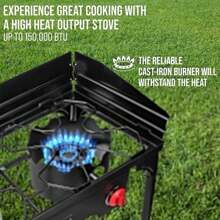 Hike Crew Cast Iron Double-Burner Outdoor Gas Stove, 150,000 BTU Portable Propane-Powered Cooktop With Removable Legs, Temperature Control Knobs, Wind Panels, Hose, Regulator & Storage Carry Case - 黑色 - 查看 3
