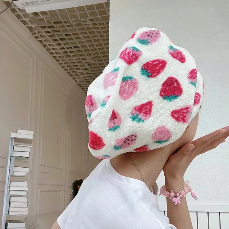 1pc Strawberry Printed Bath Cap Hair Drying Towel, Made Of Coral Fleece, Soft And Absorbent, Suitable For All Seasons In Bathroom Home Bathroom Decor Fall Decor Back To School Hair Bonnet Shower Towels For Beaty Salon, Hotel Sports,Home Essentials, Towel, Skin Care