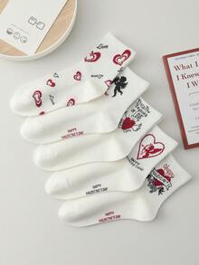 1包5對情侶款心形圖案時尚中筒襪，男女通用 - 彩色 - 查看 3