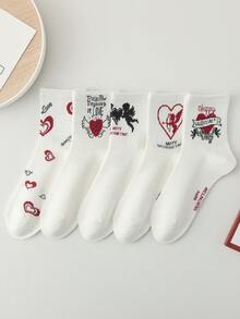 1包5對情侶款心形圖案時尚中筒襪，男女通用 - 彩色 - 查看 2