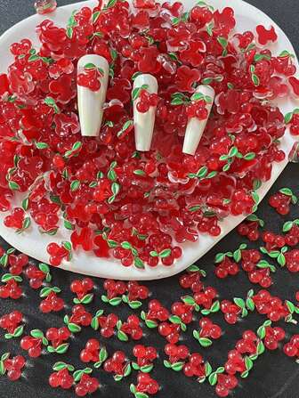 Lot de 20 bijoux pour ongles en résine, petites cerises rouges, stéréo, glace transparente, simulation Chelsea, accessoires pour décoration d'ongles en cerise