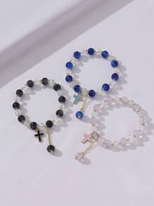 1個創意時尚百搭可愛甜美人工水晶玻璃串珠十字裝飾彈性手鐲,適用於女性,度假,派對,夜店,日常穿著,禮物 - 彩色 - 查看 3