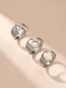 1 件創意幾何 A-z 字母朋克和嘻哈鏤空可調式開口戒指,適合女士和情侶日常佩戴 - 銀色 - 查看 3