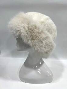 1頂女性米白色毛絨及人造毛毛球時尚桶帽，適合日常穿著和下雪天街頭 - 米色 - 查看 2