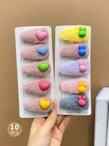 10入組童裝髮飾，彩色毛茸茸可愛卡通風格鱷魚夾帶包邊 - 彩色 - 查看 3