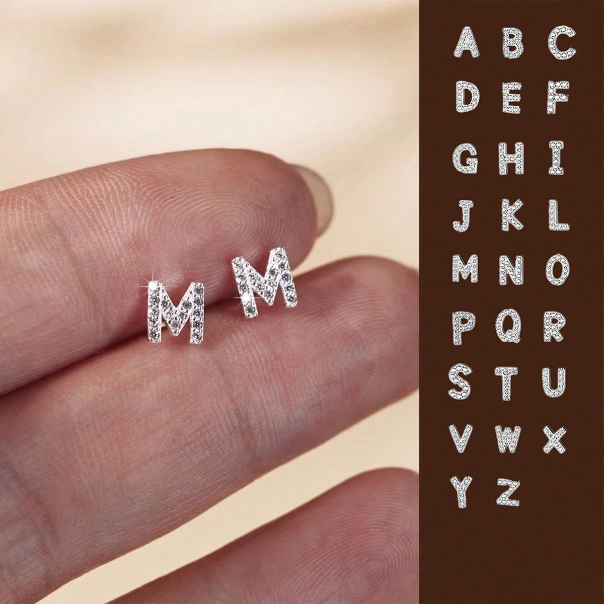 1pair 925 Sterling Silver Fashionable Cubic Zirconia Detailed Stud Earring And 1pair 925 Sterling Silver Minimalist Plain Surface 26 Letters A-Z Stud Earring, Suitable For Men And Women Daily Wearing, Gift