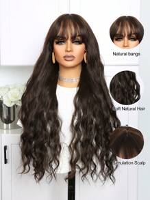28 Inch Long Dark Brown Curly Wigs Wavy Wigs With Bangs For Women Stylish Lady Brown Synthetic Wigs For Daily Party Use - Black-brown - View 6