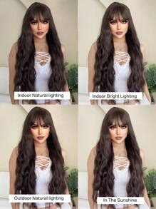 28 Inch Long Dark Brown Curly Wigs Wavy Wigs With Bangs For Women Stylish Lady Brown Synthetic Wigs For Daily Party Use - Black-brown - View 10