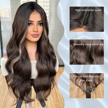 DZfirst 不需使用膠水的長髮自然波浪中分卷曲假髮,4*2綁線面積,棕色混合金色,26英寸合成纖維耐熱假髮,編織綁髮假髮,瑞士綁線日常使用時尚假髮 - 漸層 - 查看 4