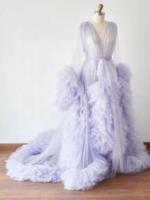 Sexy Women's Bridal Long Tulle Ruffle Tie Maternity Dress Deep V Trailing Long Sleeve Bridal Shawl - Mauve Purple - View 2