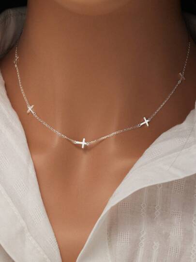 SYMFNY 1入組極簡十字架裝飾純銀項鍊適合女士日常裝飾約會禮物