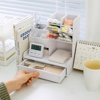 1 st skrivbords DIY-pennhållare och förvaringslåda, multifunktionell kontorsmaterialorganisatör, pennställ i träplast med stor kapacitet för studenter