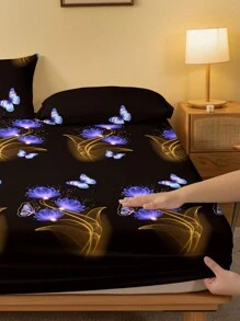 1pc Fashionable Printed Brushed Fitted Sheet Cover Home Bedding Dustproof Decor