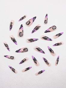 24片歐美風蝴蝶閃爍冰粉光澤人造美甲板芭蕾廣場指甲板為女孩、女孩和學生設計的可重複使用的假美甲板,附有一塊果凍膠和一塊磨光工具,適用於女性約會、娛樂和其他節日日常穿著 - 彩色 - 查看 3