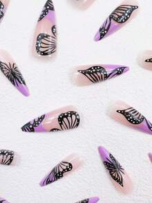 24片歐美風蝴蝶閃爍冰粉光澤人造美甲板芭蕾廣場指甲板為女孩、女孩和學生設計的可重複使用的假美甲板,附有一塊果凍膠和一塊磨光工具,適用於女性約會、娛樂和其他節日日常穿著 - 彩色 - 查看 4