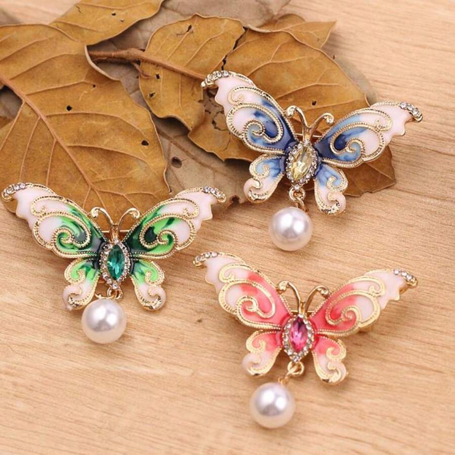 1pc Pink Diamond Crystal Butterfly Brooch For Women's Jewelry Decoration, Daily Clothing Matching, Party Gift - Pink - View 1