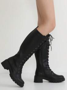 Women's 9603 Knee High Boots, Platform Chunky Heel Boots For Women - black PU - View 8