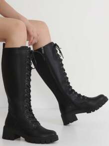 Women's 9603 Knee High Boots, Platform Chunky Heel Boots For Women - black PU - View 1
