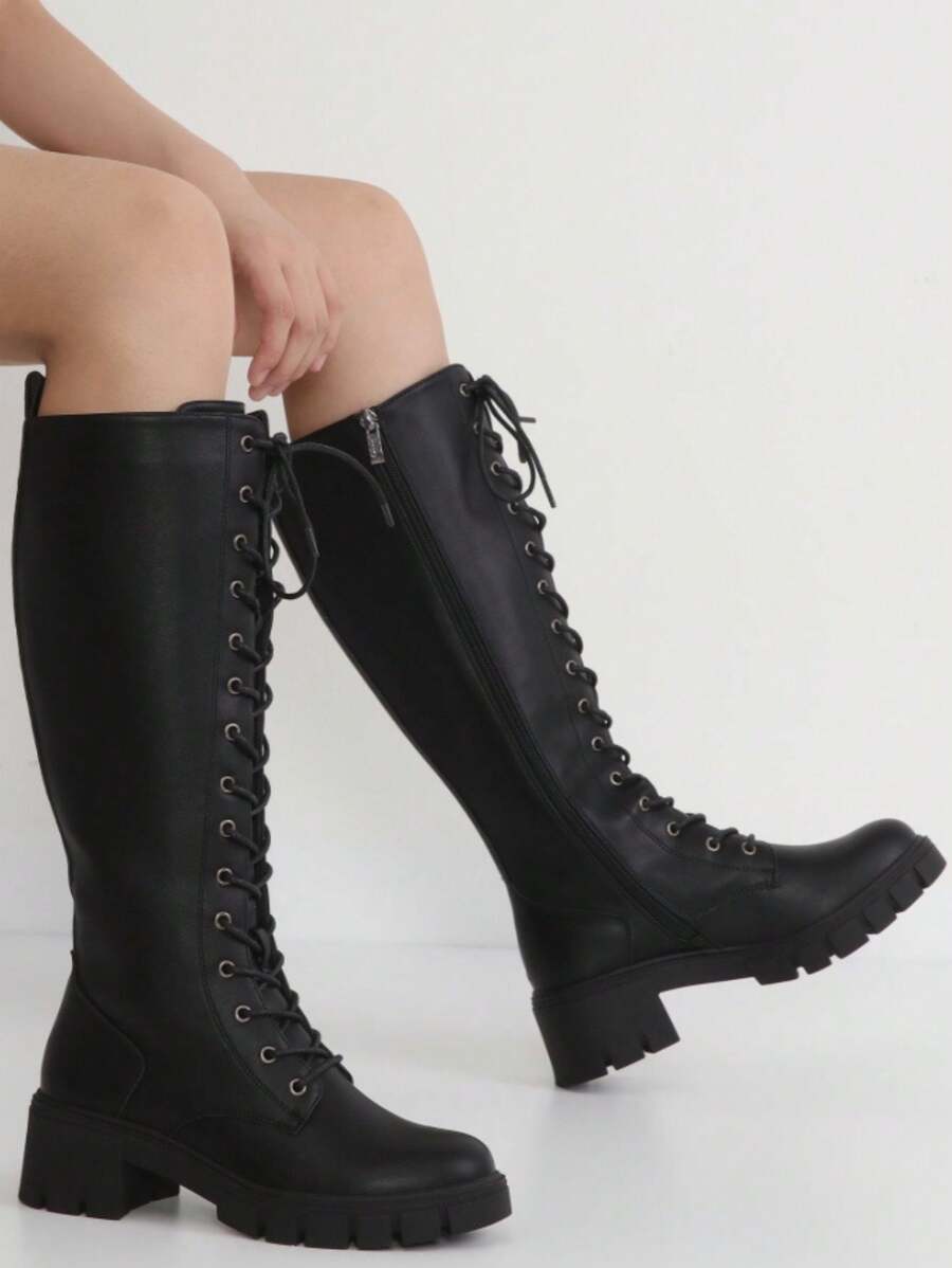 Women's 9603 Knee High Boots, Platform Chunky Heel Boots For Women - black PU - View 1