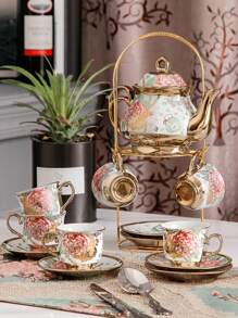 20pcs European Style Ceramic Coffee Cup And Plate Set, 6 Coffee Cups/6 Cup And Plate Sets/6 Coffee Spoons/1 Coffee Pot/1 Iron Frame, Ceramic Design And Iron Frame Used For Afternoon Tea Set Electroplating Coffee Utensils (The Paint Surface Of The Handle Is Incomplete And Randomly Shipped, Which Is An Inevitable Manufacturing Spray Painting Process) - Multicolor - View 5