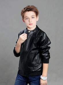 Tween Boy Stand Collar PU Leather Motorcycle Jacket