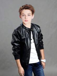 Tween Boy Stand Collar PU Leather Motorcycle Jacket