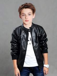 Tween Boy Stand Collar PU Leather Motorcycle Jacket