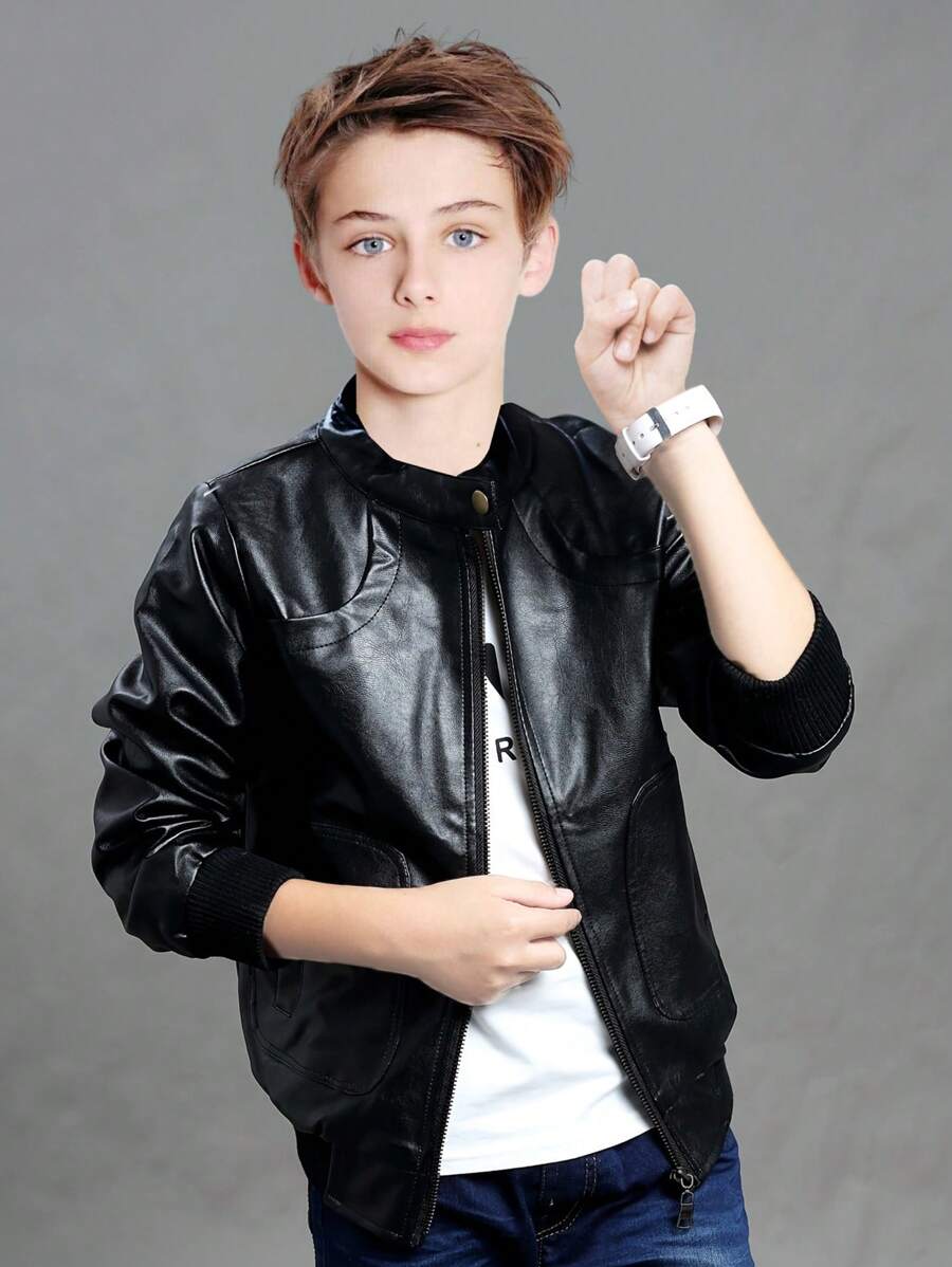 Tween Boy Stand Collar PU Leather Motorcycle Jacket