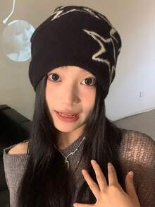 星形圖案女款保暖針織帽,舒適柔軟的戶外活動冬季頭戴用品 - 白色 - 查看 7