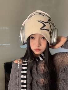 星形圖案女款保暖針織帽,舒適柔軟的戶外活動冬季頭戴用品 - 白色 - 查看 1