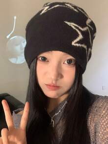 星形圖案女款保暖針織帽,舒適柔軟的戶外活動冬季頭戴用品 - 白色 - 查看 3