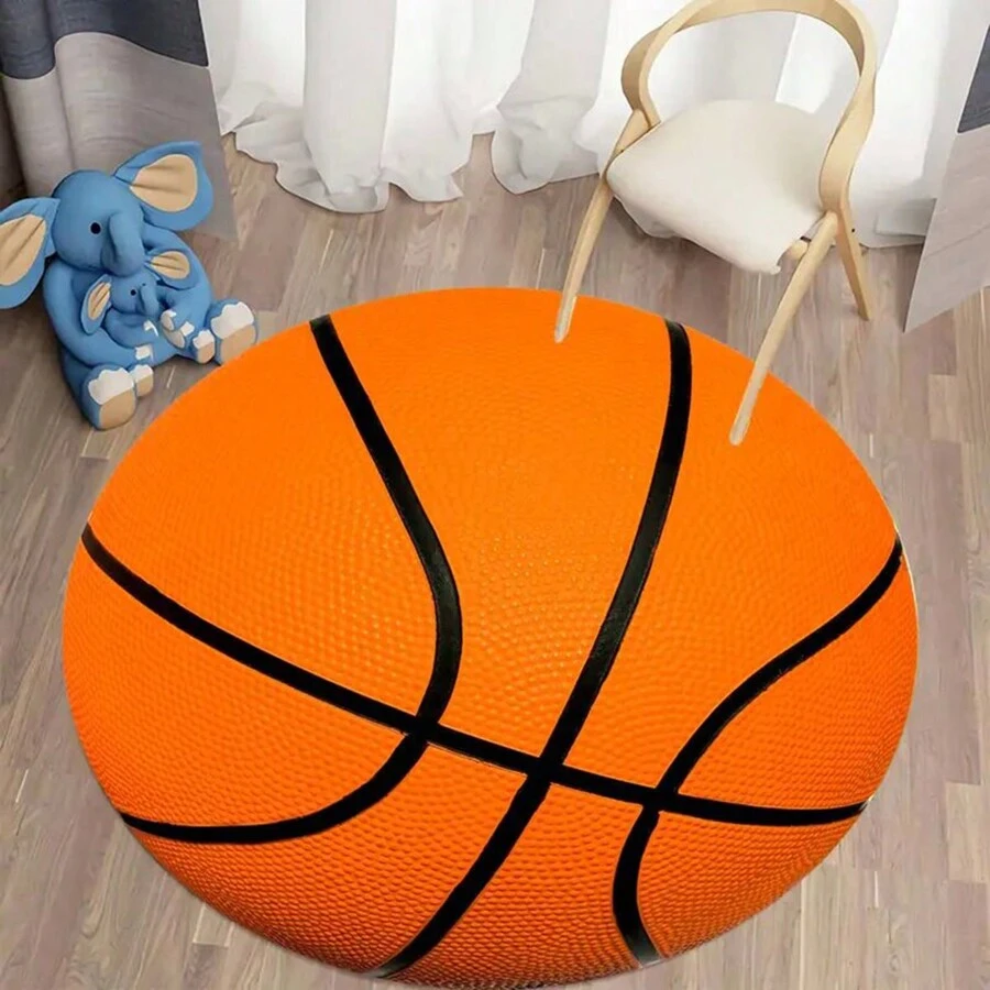 1pc Basketball Pattern Carpet, Sporty Style Polyester Fiber Point Plastic Bottom Anti-Slip Absorption Round Carpet, Suitable For Bedroom, Dressing Room, Game Room, Children's Room, Home Decoration, Four Seasons Applicable - Orange - View 1