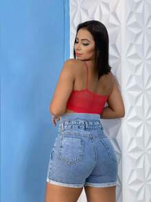 Short Clochard Jeans Feminino com Cós Alto e Barra Dobrada - Lavagem clara - Visão 2