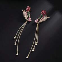 1pair Fashionable Tassel Long Earrings With Micro Inlaid Zirconia, Butterfly Wing & Flower Design - Gold - View 1