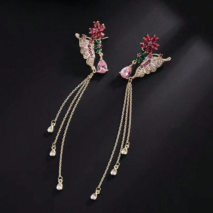 1pair Fashionable Tassel Long Earrings With Micro Inlaid Zirconia, Butterfly Wing & Flower Design - Gold - View 1