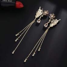 1pair Fashionable Tassel Long Earrings With Micro Inlaid Zirconia, Butterfly Wing & Flower Design - Gold - View 3