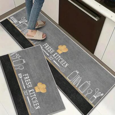 1 stuk Kristal Fluwelen stof Water Absorberend Antislip Wasbaar Tapijt Met Tafelgerei Print En Eenvoudig Grijs Kleur Diverse stijlen En Maat Beschikbaar Voor Keuken En Dineren