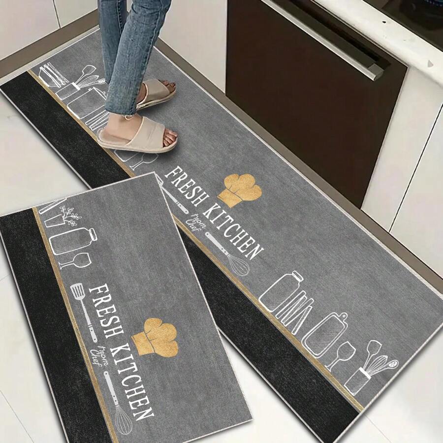 1pc Crystal Velvet Fabric Water Absorbent Non-Slip Washable Carpet With Tableware Print And Simple Grey Color Scheme. Various Styles And Sizes Available For Kitchen And Dining Areas. - Grey - View 1