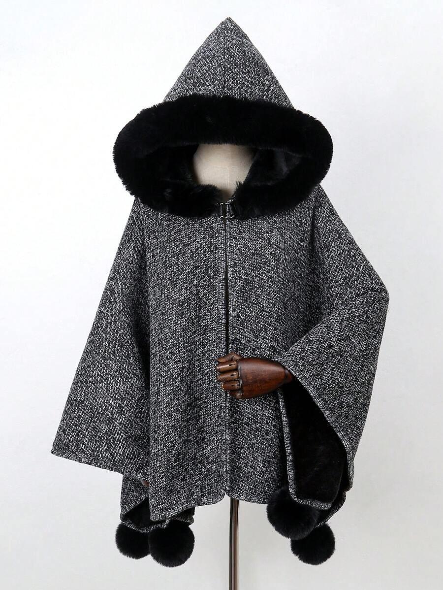 1 件女用針織開襟衫外套,連帽仿毛領,寬鬆,中長,厚外套 - 彩色 - 查看 1