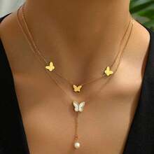 1入組不鏽鋼鍍金雙層珍珠蝴蝶設計時尚項鍊套裝,附贈禮盒,適用於節日、紀念日、聖誕節、新年和其他特殊場合作為送給重要人物的禮物 - 金黃色 - 查看 4