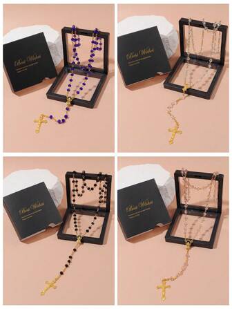 1入組精美時尚的紅色玻璃貝殼珠耶穌吊墜項鍊，附鋅合金標籤和個性化毛衣鏈