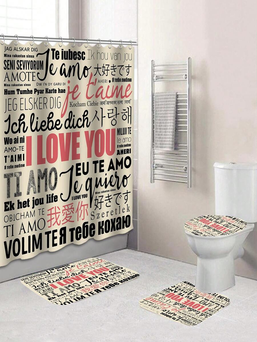 1入組「我愛你」淋浴簾/馬桶墊/浴室墊4入組,防水淋浴簾套裝,附12個淋浴鉤 - 彩色 - 查看 1