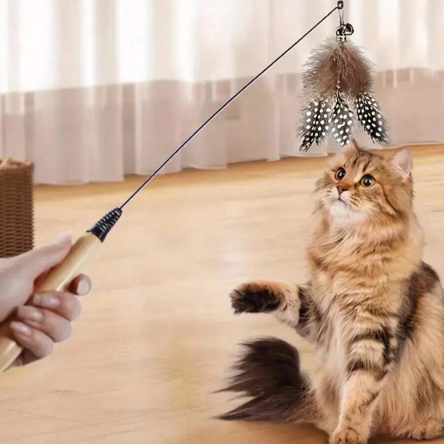 1 件木柄彈簧逗貓棒羽毛鈴可更換頭