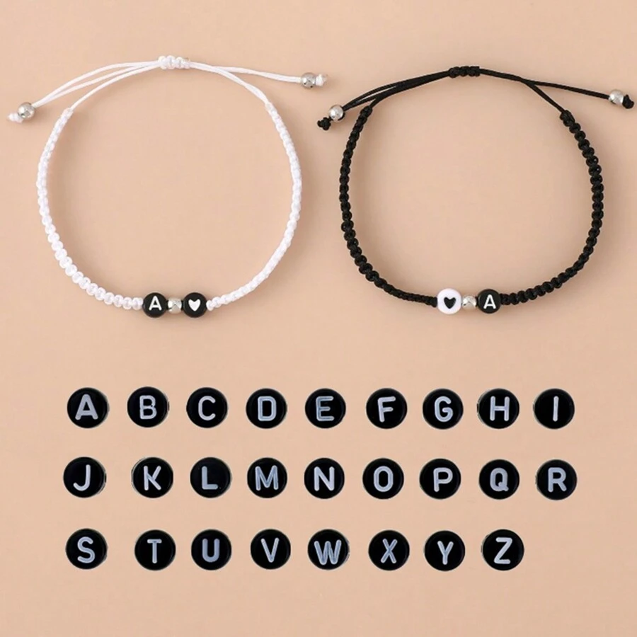 2pcs/Set Simple Heart & Letter Design Couple Bracelet For Dating, Vacation, Valentine's Day Gifts