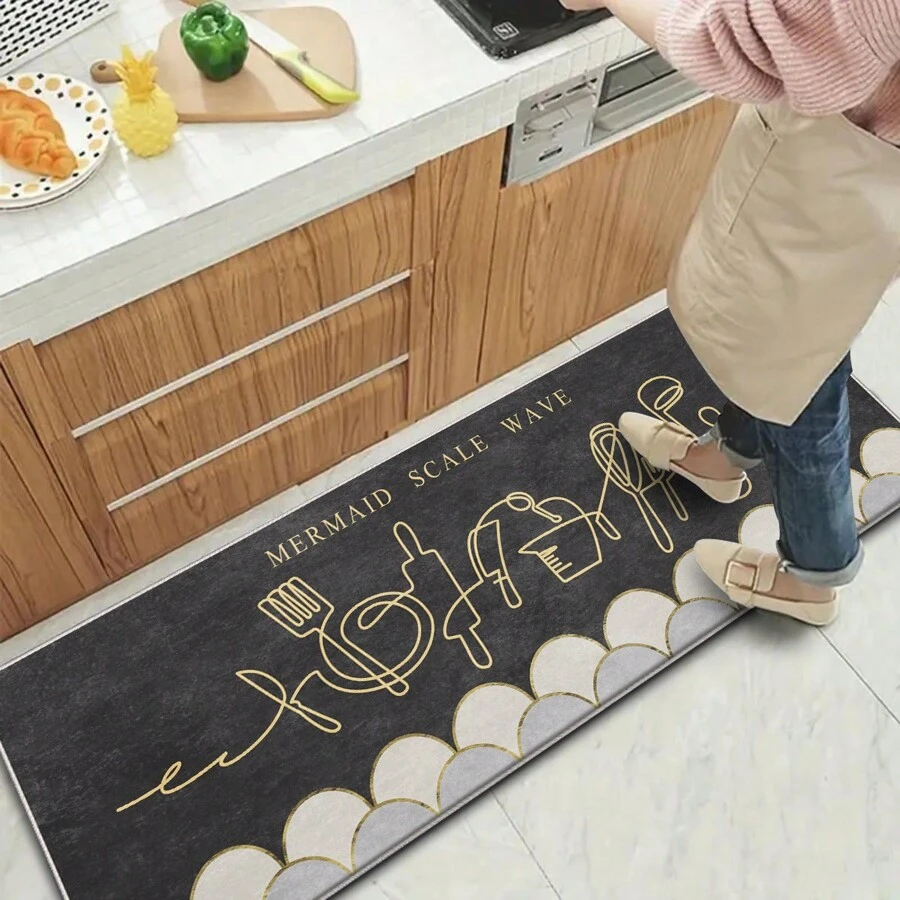 1pc Crystal Velvet Washable Fabric With Non-Slip Bottom, Dark Gray Simple Colored Tableware Patterned Easy Care Long Rug With Soft Touch And Water Absorption, Various Styles And Sizes Available For Multiple Kitchen And Dining Areas. - Dark Grey - View 1