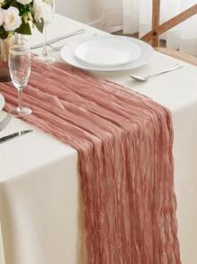 1pc Ruched Cheesecloth Table Runner For Wedding, Bridal, Birthday Party Long & Round Dining Table Centerpiece Decor - Dusty Pink - View 4