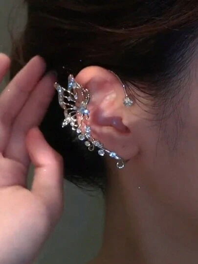 1pc Niche Fashionable Super Sparkly Hollow Out Cubic Zirconia Butterfly Fairy Ear Hook Suitable For Women Wearing On Daily, Party, Festival Occasions