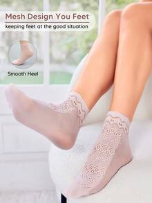 1 Pair Ladies' Breathable Soft-Skin Lace Short Socks For Summer, Sweat-Absorbent - Baby Pink - View 5